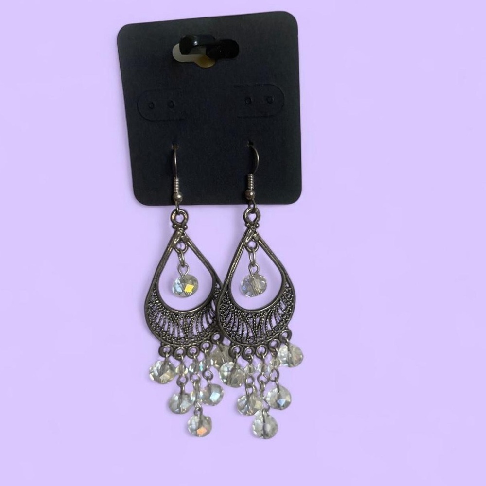 Intricate Silver-Tone Teardrop Earrings with Clear Crystal Fringe